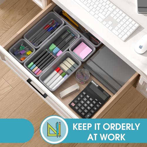 6 PCS Drawer Organizer Set, 3 Size Makeup Drawer Divider Organizer With Non-Slip Pads, Interlocking Plastic Storage Bins for Office,Jewelry Vanity,Gadgets, Bathroom,Kitchen, Grey - color: Grey, size: 6Pack