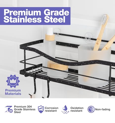 KINCMAX Premium Shower Caddy - Self Adhesive Shower Shelf with 4 Hooks - No Drill Large Capacity Stainless Steel Rack - Aesthetic Organizer for Bathroom Wall Decor - Matte Black - style: Shower Caddy (Black)