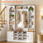 HOOBRO Hall Tree with Bench and Shoe Storage, 51" Entryway Bench with Coat Rack, Farmhouse Entryway Organizer with 5 Hooks, 8 Open Compartments, 9 Shoe Cubbies, for Hallway, White and Walnut WH180MT01