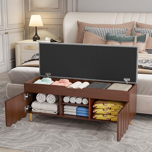 3More 40" Entryway Shoe Storage Bench,Upholstered Hidden Space Beneath Seat Cushion Bench,2-Tier Unique Geometric Shape with Wood Grain,Walnut - color: Brown