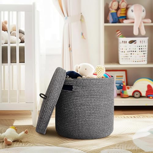Storage Basket with Lid, Woven Blanket Storage for Living Room, Cute Cotton Rope Bin with Lid, Round Wicker Laundry Basket with Cover, Decorative Kid Dog Toy Box, Nursery Organizer, 15"x13" - color: Black