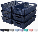 Tiawudi Stackable Woven Plastic Basket, Storage Bins for Cabinet, Closet, Shelf, Under Sink and Countertop, Pantry Organizer Bins, 6 Pack - color: Dark Blue