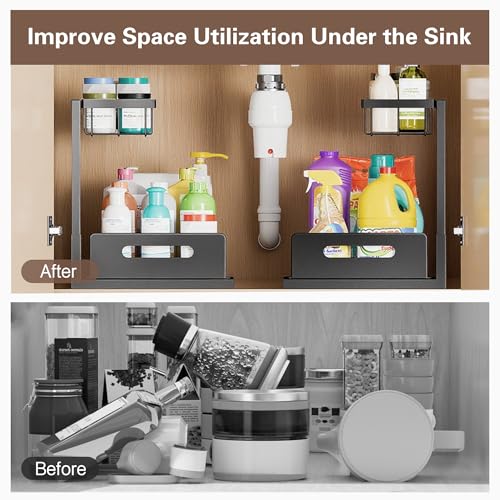 VUSIGN Under Kitchen Sink Organizer, 2 Tier Metal Slide out Sink Shelf Pull out Cabinet Organizer Drawers for Bathroom Kitchen Laundry, 2 Pack, Black - color: Black-2PCS