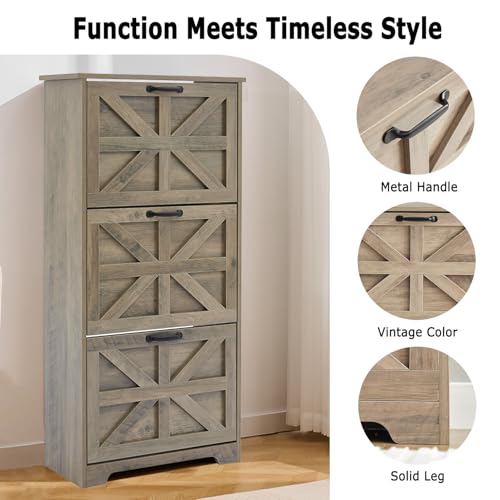 Shoe Storage Cabinet with 3 Flip Drawers, Farmhouse Shoe Organizer with Barn Door Design, Space-Saving Hidden Narrow Shoe Rack Cabinet for Entryway, Hallway & Foyer, Grey - color: Grey, size: 2 pcs-3 Flip Drawers