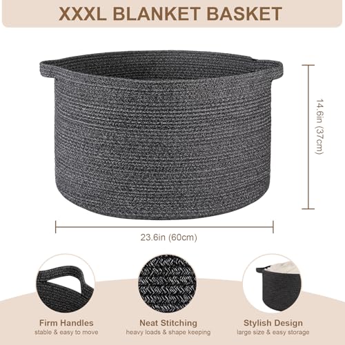 OIASKET Large Woven Baskets for Storage, 23.6" x 23.6" x 14.6" Blanket Storage Living Room, Baby Toy Basket for Clothes, Pillows, Towels, Shoe Basket for Entryway (Black) - color: Black, size: 105L