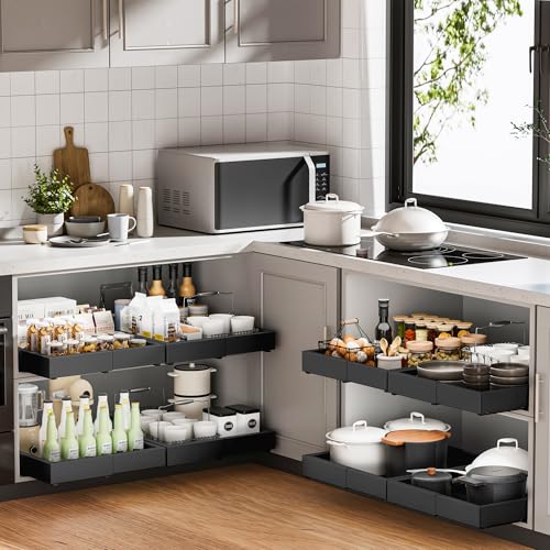 1 Pack Pull Out Drawers for Cabinets, Slide Out Drawer Expandable Width (12"-19") and Depth (17"-23") With 3 Slides, Fixed with Adhesive Film & Nail for Cabinets in Kitchen, Pantry or Bathroom - Black - color: #1 Black, size: (12''-19'')W X (17''-23")D X