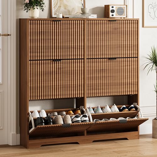 Shoe Cabinet Storage for Entryway with 6 Flip Drawers, Walnut Fluted Shoe Cabinet with Adjustable Shelves, Wooden Hidden Shoe Rack Freestanding Narrow Slim Shoes Storage for Hallway, Entrance - color: Walnut, size: 6 Drawer