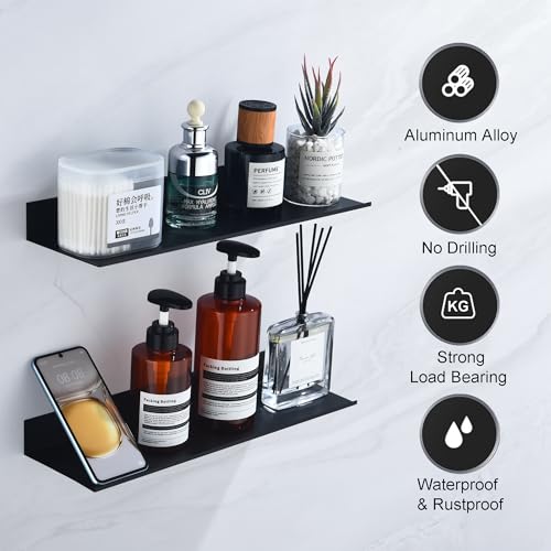 HNVNER Black Shower Shelves Rustproof & Waterproof, 40cm Adhesive Shower Caddy 2 Pack, Metal Bathroom Floating Shelves No Drilling Bathroom Wall Storage Organizer - color: Black, size: 40cm