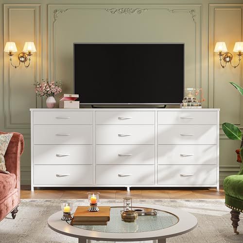 Romorgniz 55" Long Dresser for Bedroom with 12 Fabric Drawers, Entertainment Center for 60 inch TV Dressers & Chests of Drawers Large Organizer, Living Room, Metal Frame, Wood Top, White - color: White