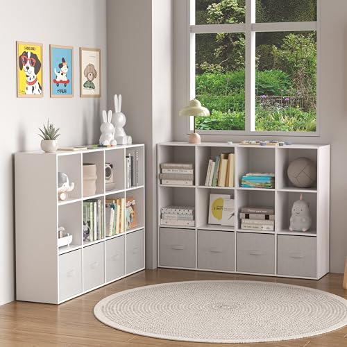 Wooden 12 Cube Storage Organizer with Closed Back Panel,White Cube Shelf Cubby Storage Organizer with Compartments for Living,Bookshelf, Easy to Install (White, 12-Cube-11in) - color: White, size: 12-Cube-11in