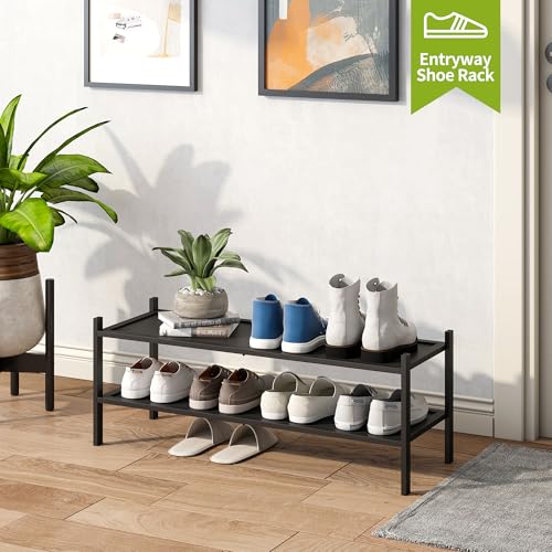 BMOSU 2-Tier Bamboo Extended Shoe Rack Premium Stackable Shoe Shelf Storage Organizer for Hallway Closet Living Room Entryway Organizer(Black) - color: Black, size: 2-Tier Long（33.3*11*12.6inches）