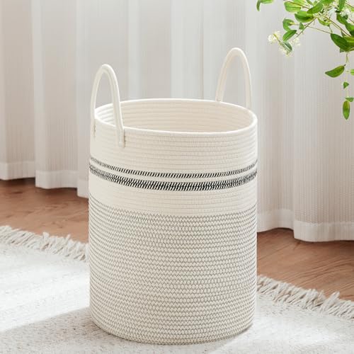 VIPOSCO Large Laundry Hamper, Tall Woven Rope Storage Basket for Blanket, Toys, Dirty Clothes in Living Room, Bathroom, Bedroom - 53L Stripe White - color: Stripe White, size: 53L