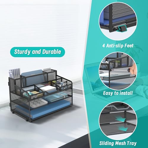 3 Tier Mesh Desk Organizer,Multi Functional Letter Paper Tray with 3 Pen Holders and 5 Adjustable Storage Compartments for Office Supplies Files and Mail Space Saving Desktop Organizer-Black - color: 3 Tier-black