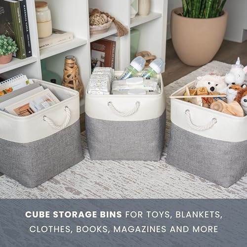 OrganiHaus 13x13 Cube Storage Bins 4 Pack, Foldable Cube Storage Organizer w/ Rope Handles, Collapsible Fabric Bins for Toys, Clothes & Closet Organization, Fabric Square Baskets - Gray/White - color: Gray Base / Off-White, size: 4 pcs (13x13)
