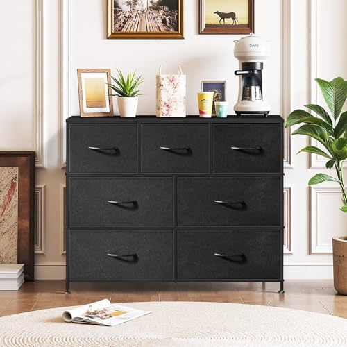 7-Drawer Dresser for Bedroom, Anti-Tip Wide Storage Organizer Fabric Chest of Drawers TV Stand for 45" TV with Wooden Top and Metal Frame for Closet, Living Room, Hallway, Entryway, Black - color: Black, size: 11.8"D x 39.3"W x 30.3"H (7 Drawers)