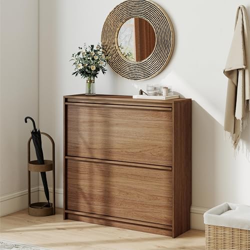 Shoe Cabinet with 2 Flip Drawers, Modern Narrow Shoe Storage Cabinet Organizer with Adjustable Shelf, Hidden Freestanding Shoe Rack for Entryway, Hallway, Living Room, Walnut - color: Walnut, size: 9.45"D x 31.5"W x 31.5"H(2 drawers)