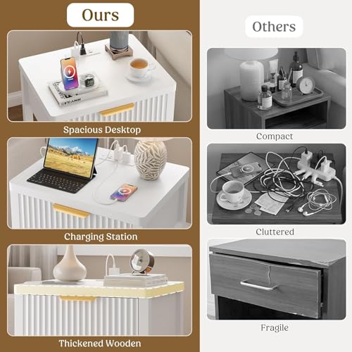 Lulive Wooden Modern White Night Stand, Fluted Nightstand with Charging Station (Set of 2, White) - color: White, size: 1 Drawer-Set of 2 Nightstand