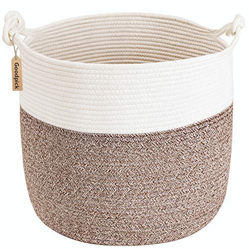 Goodpick Woven Laundry Basket, 15 x 14.2 Inches Cotton Rope Basket for Blankets, Soft Blanket Storage Baskets with Handles for Living Room, Woven Toy Storage Organizer for Nursery, Brown - color: Brown, size: 15 × 14.2 inches
