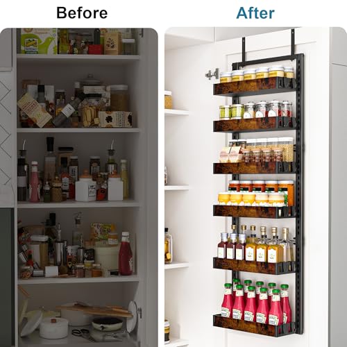 BUKFEN 6-Tier Over the Door Pantry Organizer, 2-in-1 Door Hanging or Wall Mounted Spice Rack, Heavy Duty Metal Storage Shelves with Adjustable Wooden Baskets for Kitchen Bathroom Closet - color: Black pole wood color, size: 6 Tier