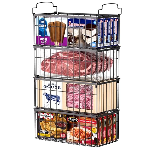 MSERCUOR Freezer Organizer Bins, 4 Pack Stackable Deep Chest Freezer Organizer Bins, Foldable Baskets with Handles, Black Storage Container Baskets for 5/ 7 Cu.FT Deep Freezer Sort Frozen Meats - color: black 4 pack