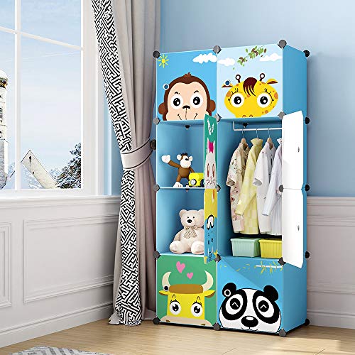 MAGINELS Children Wardrobe Kid Dresser Cute Baby Portable Closet Bedroom Armoire Clothes Hanging Storage Rack Cube Organizer(Blue, 6 Cube & 1 Rod) - color: Blue, size: 8 Cube