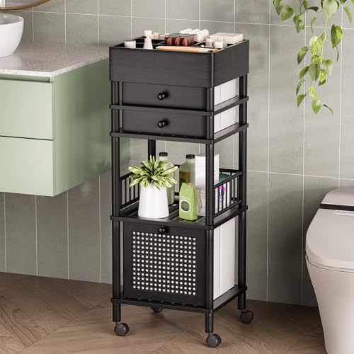 Amazer Bamboo Makeup Organizer Cart with 3 Drawers, Floor Skin Care Storage for Bathroom Bedroom, Rolling Vanity Organizer Cart for Cosmetic, Nail Polish, Perfume and Hair Tools, Black - color: Black