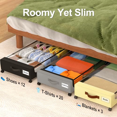 GoMaihe Under Bed Storage with Wheels: 48L Underbed Storage Containers with Clear Lids - Rolling Drawers & Bins for Shoes Clothes in Dorm Bedroom - Space-Saving Easy Pull-out Black 4-Pack - color: Black, size: Large(4Pack)