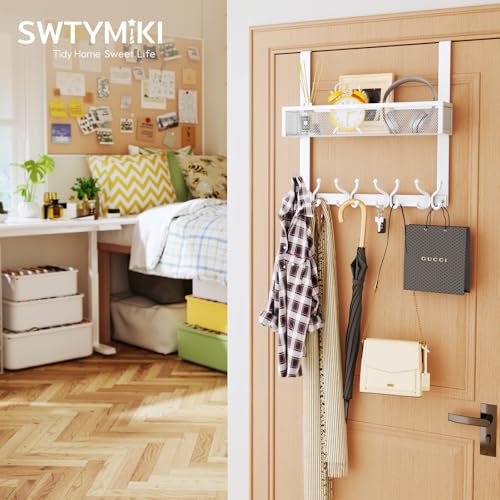 SWTYMIKI Over The Door Hook with 16 Hooks & Mesh Baskets - Heavy Duty Over The Door Organizer Hanger for Towels, Coats, Clothes - Space Saving Hanging Rack for Bathroom, Living Room, White - color: White-1 Basket