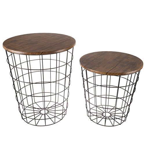 Lavish Home End Tables Set of 2 - Nesting Tables with Removable Wood Tops and Metal Basket Bases for Blanket Storage - Round Side Pieces for Living Room, Bedroom, or Home Office (Brown/Black) - color: Round Brown