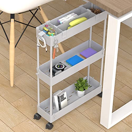 SPACELEAD Slim Storage Cart 3 Tier,Bathroom Organizer Rolling Utility,Mobile Shelving Unit Slide Out for Office, Kitchen, Laundry Room & Narrow Places,Gray - color: Grey