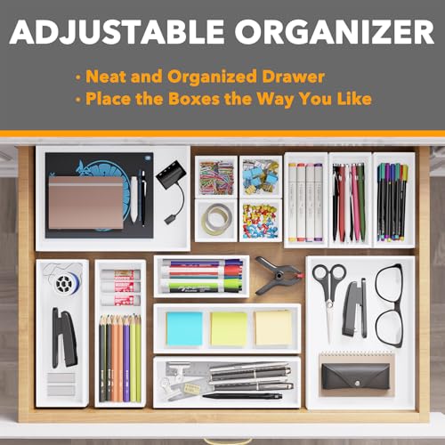 SpaceAid 14-Piece Bamboo Drawer Organizer Storage Boxes Set, Wood Tray Junk Drawer Organizers Multi-Use Divider Bins for Kitchen, Bathroom, Office Desk and Makeup Organization (14 Pack, White) - color: White