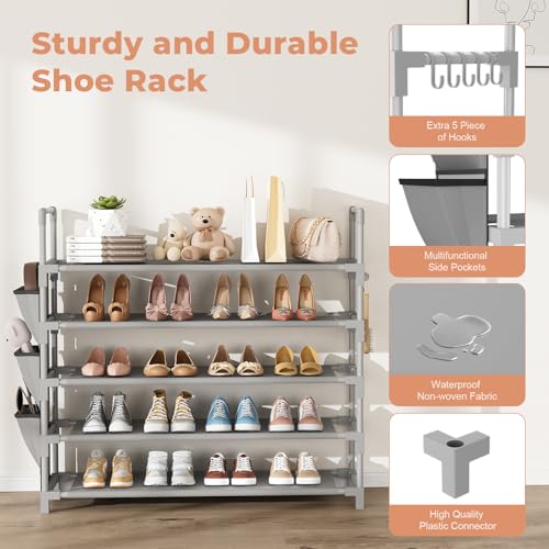 5 Tier Shoe Rack, Shoe Organizer Storage for 20-25 Pair Boot and Sneaker, Stackable Free Standing Shoe Shelf with Hooks and Side Pocket, Space Saving Shoes Rack for Closet, Entryway, Grey - color: Grey, size: 33.3"W - 5 Tier