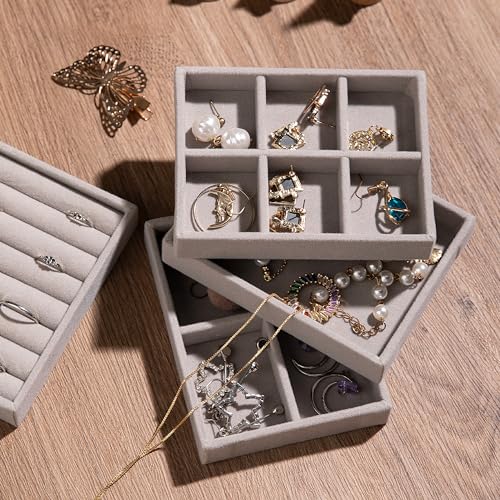 Frebeauty Small Jewelry Tray Set,Stackable Velvet Jewelry Organizer Tray,Mini Jewelry Drawer Organizer,Drawer Inserts,4.92 x 3.74 x 0.9 Inches,Earring Organizer for Women(Set 4,Beige) - color: Beige, size: Set 4