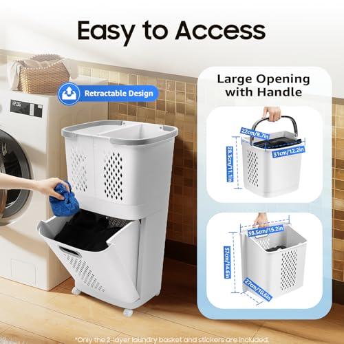 Removable Laundry Basket Organizer,3 Section Laundry Sorter with 4 Wheels,17.3×12.2×29.3in 2-Tier Divided Laundry Hamper with Wheels & Wall-Mountable Baskets,for Bedroom Laundry Room Bathroom