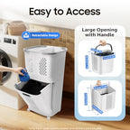2 Tier Vertical Rolling Laundry Cart, with 3 Removable PP Hollowed Out Laundry Hampers for Laundry, Towels, Blankets and Bathroom Organization, 17.32 x 12.2 x 29.13 inch
