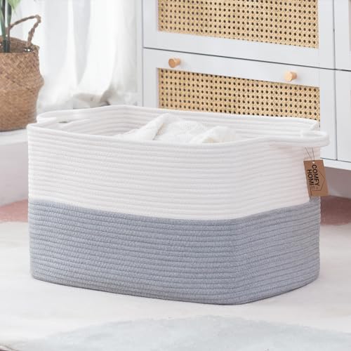 COMFY-HOMI Large Rectangle Laundry Storage Basket | Cotton Rope Woven, Organizing with Handle | Dirty Cloth & Baby Shower Basket | 22x15x12' - White/Grey - color: White/Grey, size: 22''x15''x12''