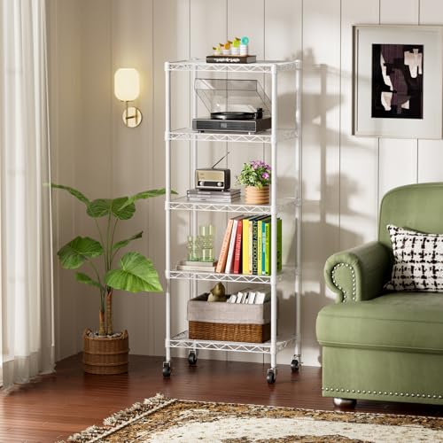 SINGAYE 6 Small Shelf Storage Wire Shelves Closet Bathroom Organizers Metal Pantry Kitchen Garage Shelving Unit Laundry Room Organization Home Narrow Rack Net Basket with Wheels White - color: White, size: 5Tier/11.5"D X 17.5"W X 57"H