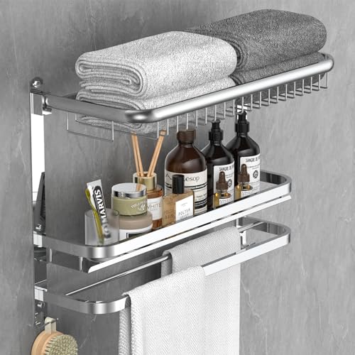 CAXIMSY Foldable 23.22 Inch Rowel Rack Wall Mounted with Bathroom Shower Shelves Stainless Steel Towel Bar Without Drilling and Screw Installation (Silvery) - color: Silvery