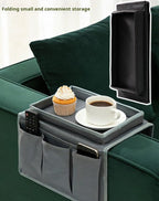Sofa Armrest Organizer with Spill-Resistant Drink Tray, Multi-Pocket Non-Slip Couch Arm Caddy for Remote Control, Phones, Snacks, Universal Fit for Sofa, Recliner & Armchair - color: black