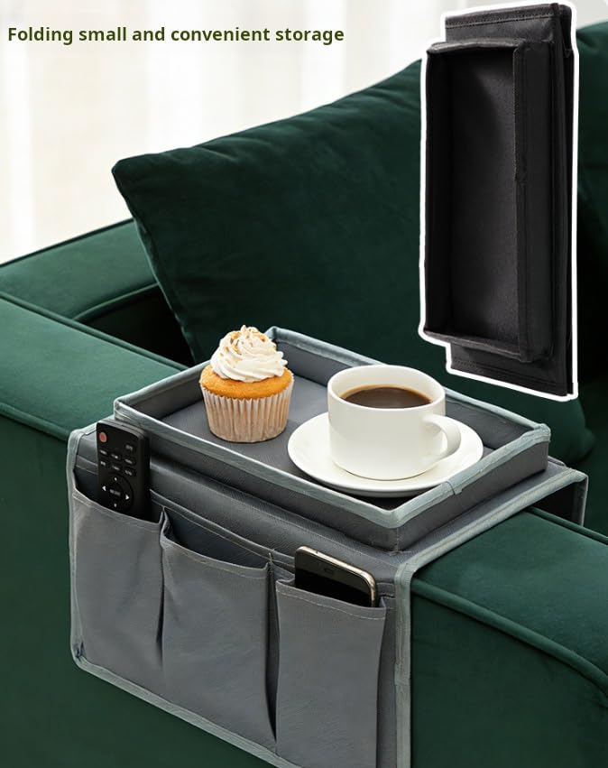 Sofa Armrest Organizer with Spill-Resistant Drink Tray, Multi-Pocket Non-Slip Couch Arm Caddy for Remote Control, Phones, Snacks, Universal Fit for Sofa, Recliner & Armchair - color: black