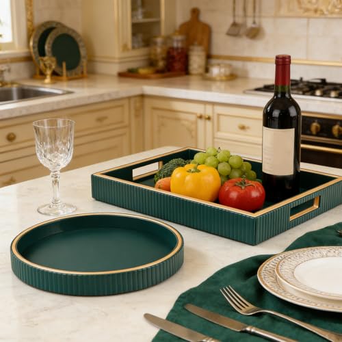 SANZIE Leather Tray Desktop Storage Organizer Premium Serving Trays Decorative Tray Valet Tray for Sundries Cosmetics Keys Phone Wallet Cutlery (Green Holder with Disc) - color: Green Holder With Disc