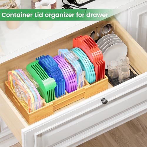 Kiasthome Expandable Bamboo Lid Organizers Inside Cabinet, Kitchen Cabinet Organizers with 3 Adjustable Dividers, Storage Plastic Lids, Food Container Lid Holder Organizer for Drawer Pantry, Nature - color: Nature