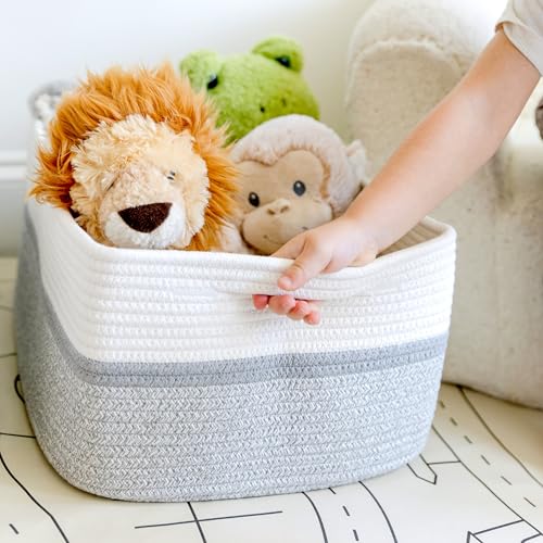 NaturalCozy Storage Baskets 16.8”x13”x7.6” Cotton Rope Woven Baskets for Organizing 3-Pack | Toy Storage Bins | Basket for Shelves, Laundry, Blanket, Clothes, Closet, Kitchen, Bathroom, Gifts - color: Off White & Gray & Mixed Gray
