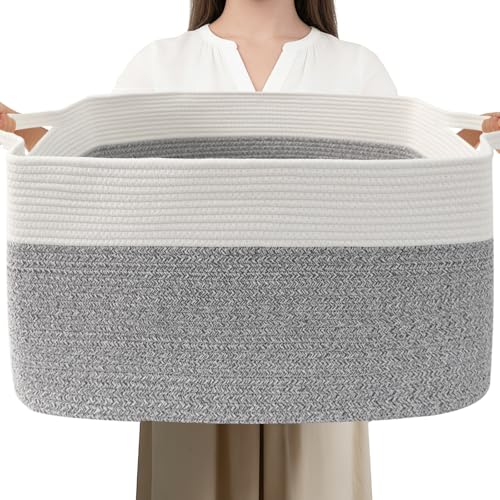96L Large Blanket Basket,24"x16"x15"Rectangle Storage Bin with Handles,Woven Rope Laundry Basket for Toys, Clothes,Magazines,Home Organization,Nursery,Living Room & Bedroom,White&Grey - color: White & Grey, size: 24"x16"x15"(96L)