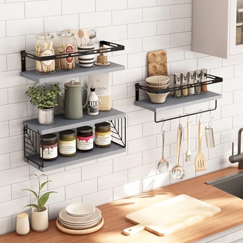 Fixwal 3+1 Tier Wall Mounted Bathroom Shelves Over Toilet, Rustic Wood Floating Shelves with Metal Frame and Towel Bar for Bathroom, Kitchen, Bedroom, Living Room (Gray) - color: 2-gray