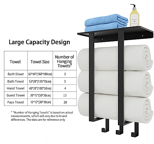 Towel Racks for Bathroom, Towel Rack with Shelf and 3 Hooks, Towel Storage Holders Wall for Rolled Bath Towels, Black - color: Black, size: Square Tube