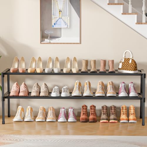 LUKYTOWER Extra Long Shoe Rack 2 Tier Shoe Storage Organizer Wide Stackable Shoe Organizer Racks for Closet Entryway,Shoe Shelf Stand Sturdy Durable Shoes Rack Holder Save Space - color: Black, size: 2Tier 14.3"H