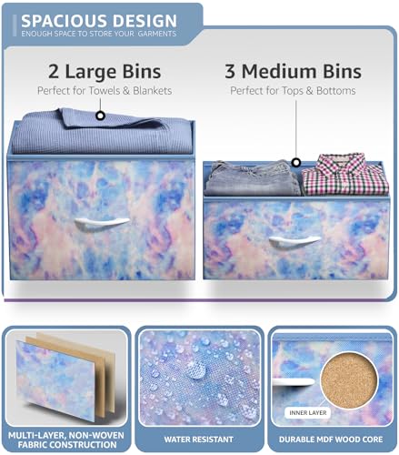 Sorbus Kids Dresser with 5 Drawers - Storage Chest Organizer Unit with Steel Frame, Wood Top & Handles, Tie-dye Fabric Bins for Clothes - Wide Furniture for Bedroom Hallway Kids Room Nursery & Closet - color: Blue Tie Dye, style: 5-Drawer