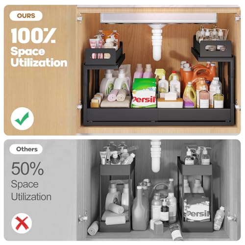 1 Pack-16"-26"W Expandable Under Sink Organizer With Upgrade Ball-Bearing Slide,2-Tier Pull Out Under Cabinet Organizer Height Adjustable,Not Suitable For Cabinets With Partitions In The Middle - color: Black, size: 1 Pack-16"-26"W