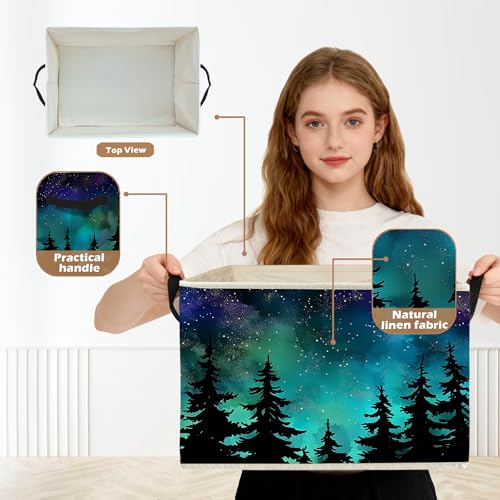 Starry Night Forest Storage Box Bins, Galaxy Star Sky Pine Tree Woods Collapsible Storage Basket Organizer for Bedroom Laundry Room Home Clothes Toys Books, Toybox for Girls Boys - color: Starry Night